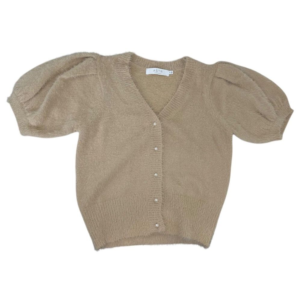 ASTR The Label Alba Puff Sleeve Sweater‎ Pearl Button Nude/Beige Sz Medium NWOT
